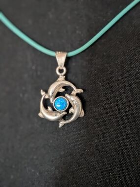 Vintage Sterling Blue Opal Dolphin Family Pendant Necklace - Y2K